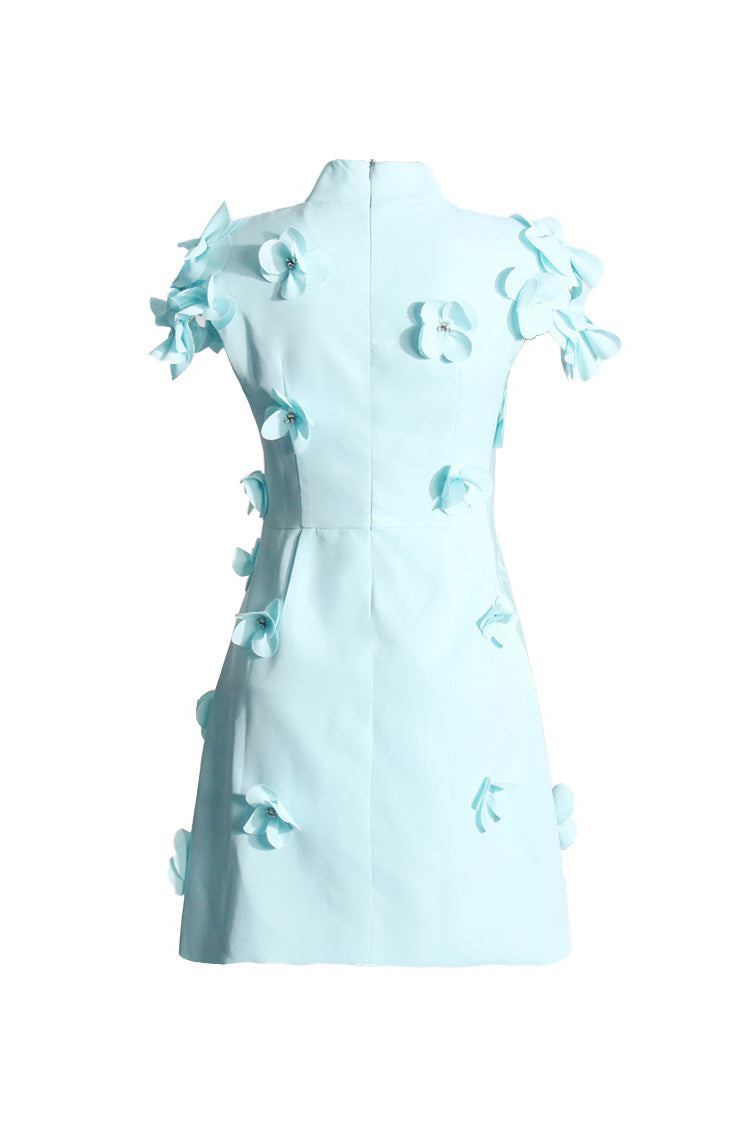 Romantic Rosette Applique Mock Neck Cape Sleeve Sheath Party Mini Dress