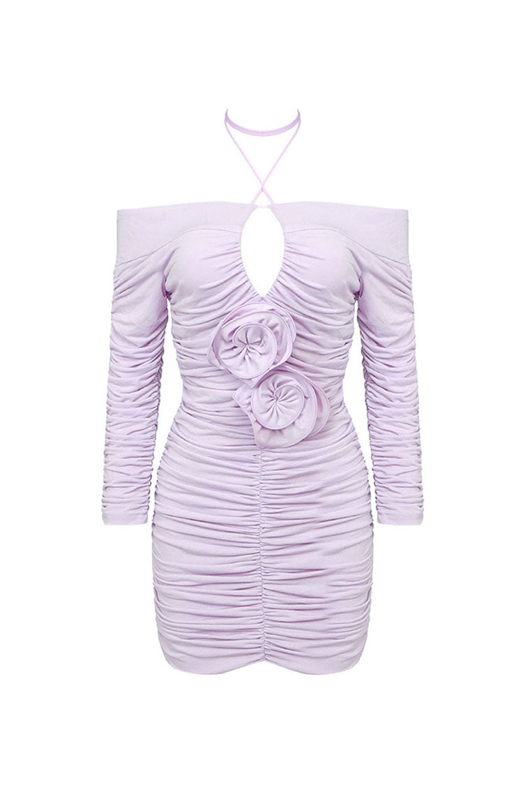 Romantic Rosette Cutout Off Shoulder Halter Ruched Bodycon Party Mini Dress - Fashionpara