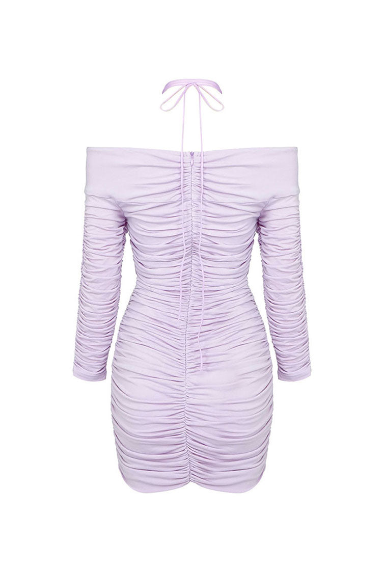 Romantic Rosette Cutout Off Shoulder Halter Ruched Bodycon Party Mini Dress - Fashionpara