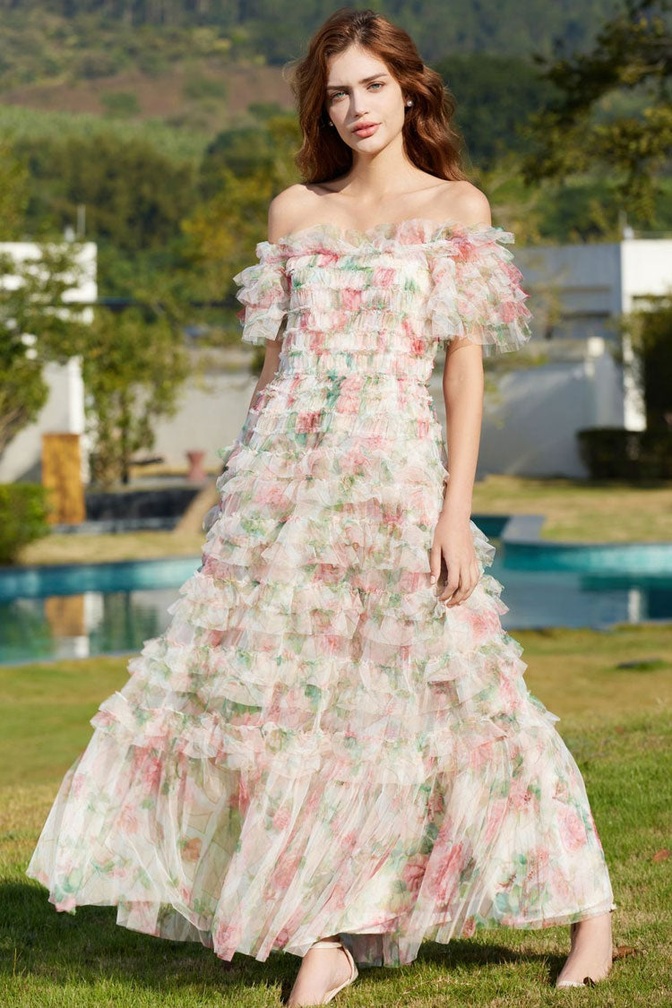 Romantic Ruffle Off Shoulder Floral Printed Tulle Evening Maxi Dress - Apricot Fashionpara