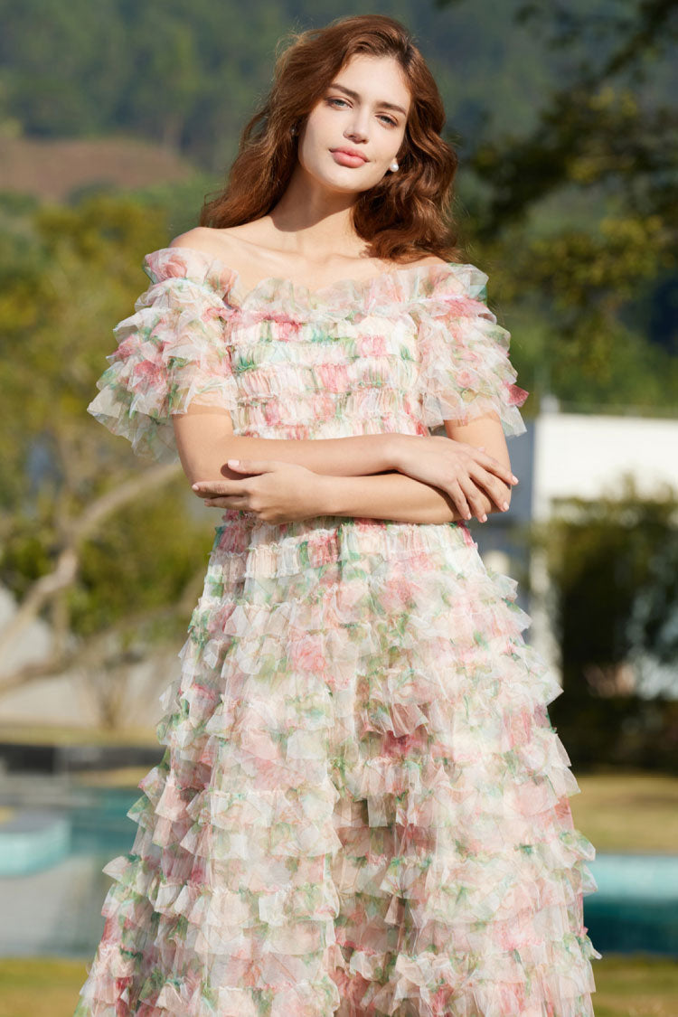 Romantic Ruffle Off Shoulder Floral Printed Tulle Evening Maxi Dress - Apricot Fashionpara