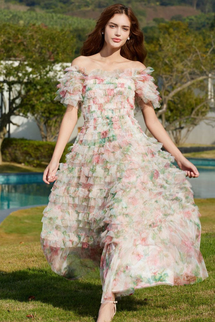 Romantic Ruffle Off Shoulder Floral Printed Tulle Evening Maxi Dress - Apricot Fashionpara