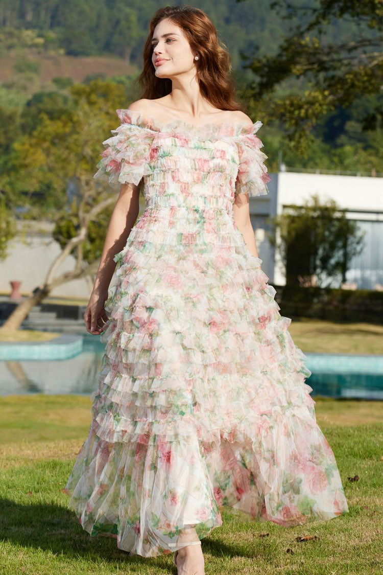Romantic Ruffle Off Shoulder Floral Printed Tulle Evening Maxi Dress - Apricot Fashionpara