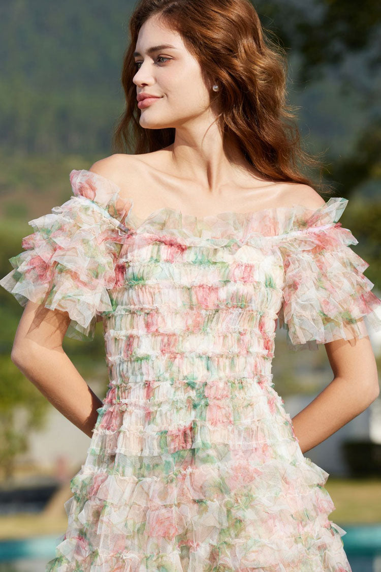 Romantic Ruffle Off Shoulder Floral Printed Tulle Evening Maxi Dress - Apricot Fashionpara