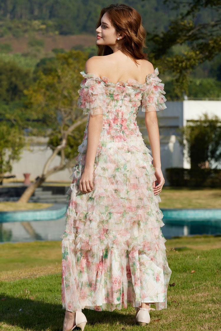 Romantic Ruffle Off Shoulder Floral Printed Tulle Evening Maxi Dress - Apricot Fashionpara