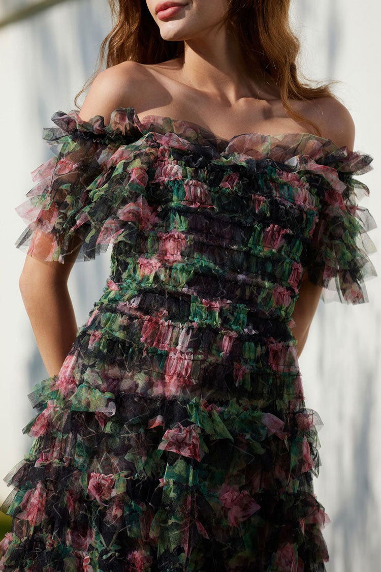 Romantic Ruffle Off Shoulder Floral Printed Tulle Evening Maxi Dress - Black Fashionpara