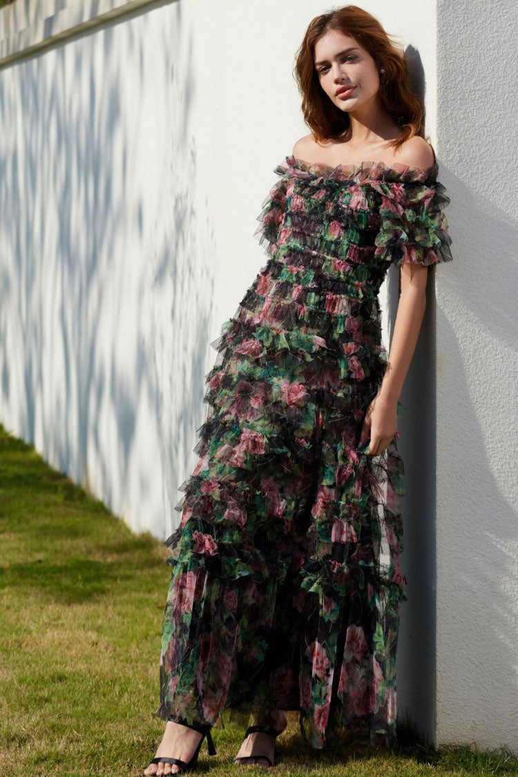 Romantic Ruffle Off Shoulder Floral Printed Tulle Evening Maxi Dress - Black Fashionpara