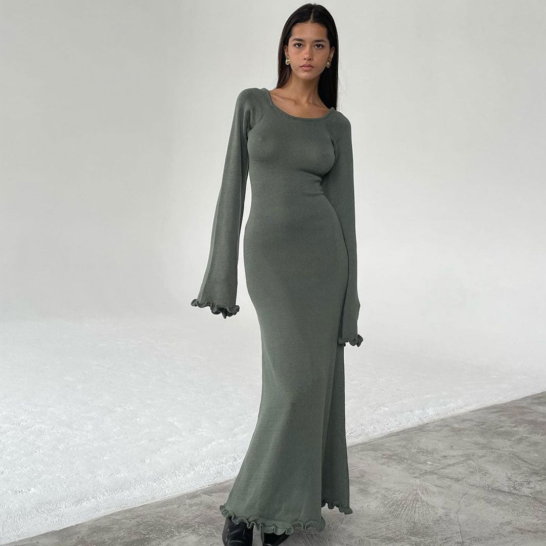 Trendy & Unique Scoop Neck Long Sleeve Ruffle Maxi Dress