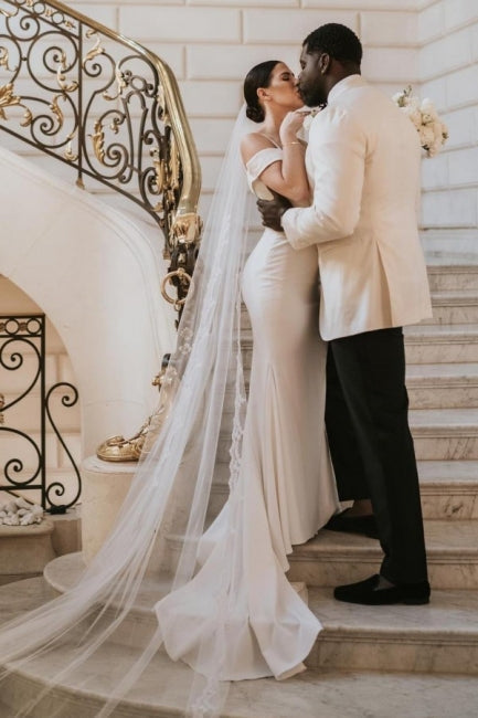 Romantic Spaghetti Strap Cap Sleeve Mermaid Satin Wedding Gown - Fashionpara