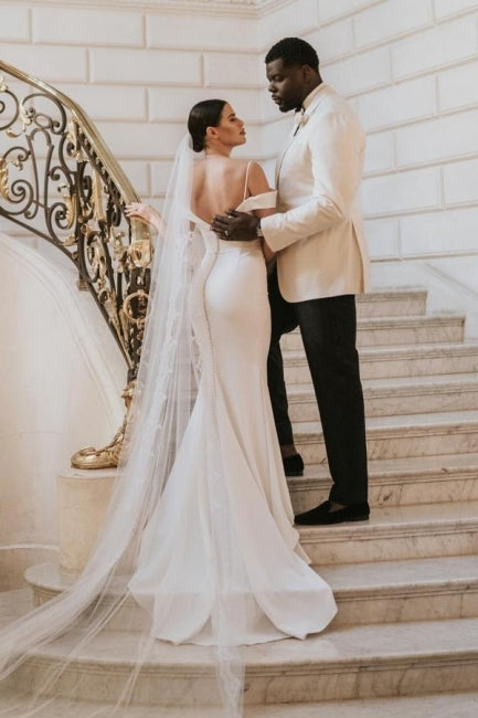 Romantic Spaghetti Strap Cap Sleeve Mermaid Satin Wedding Gown - Fashionpara