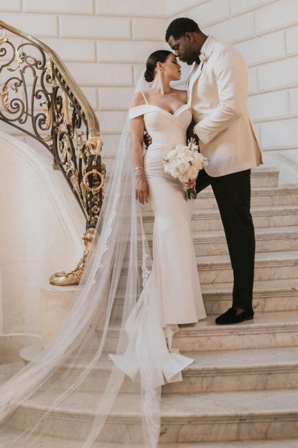 Romantic Spaghetti Strap Cap Sleeve Mermaid Satin Wedding Gown - Fashionpara
