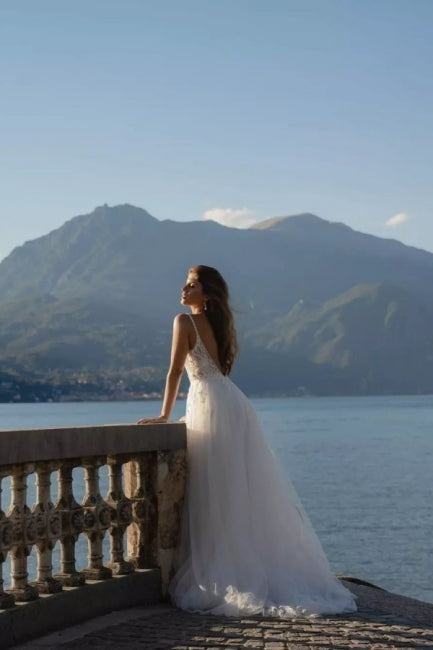 Romantic Spaghetti Straps Sleeveless A-Line Lace Wedding Gown - Fashionpara