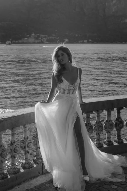 Romantic Spaghetti Straps Sleeveless A-Line Lace Wedding Gown - Fashionpara