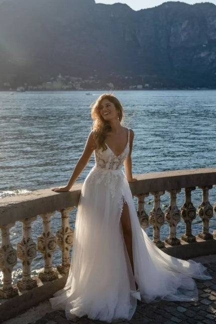 Romantic Spaghetti Straps Sleeveless A-Line Lace Wedding Gown - Fashionpara