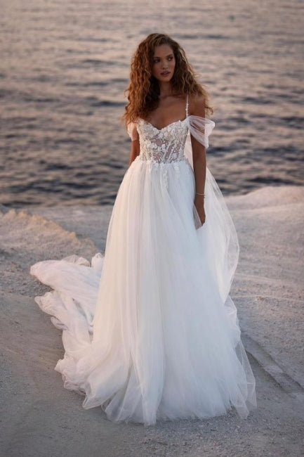 Romantic Spaghetti Straps Cap Sleeves A-Line Lace Wedding Dress - Fashionpara