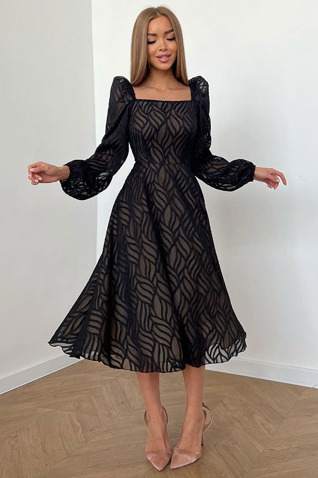 Jacquard Square Neck Puff Sleeve Fit & Flare Midi Dress