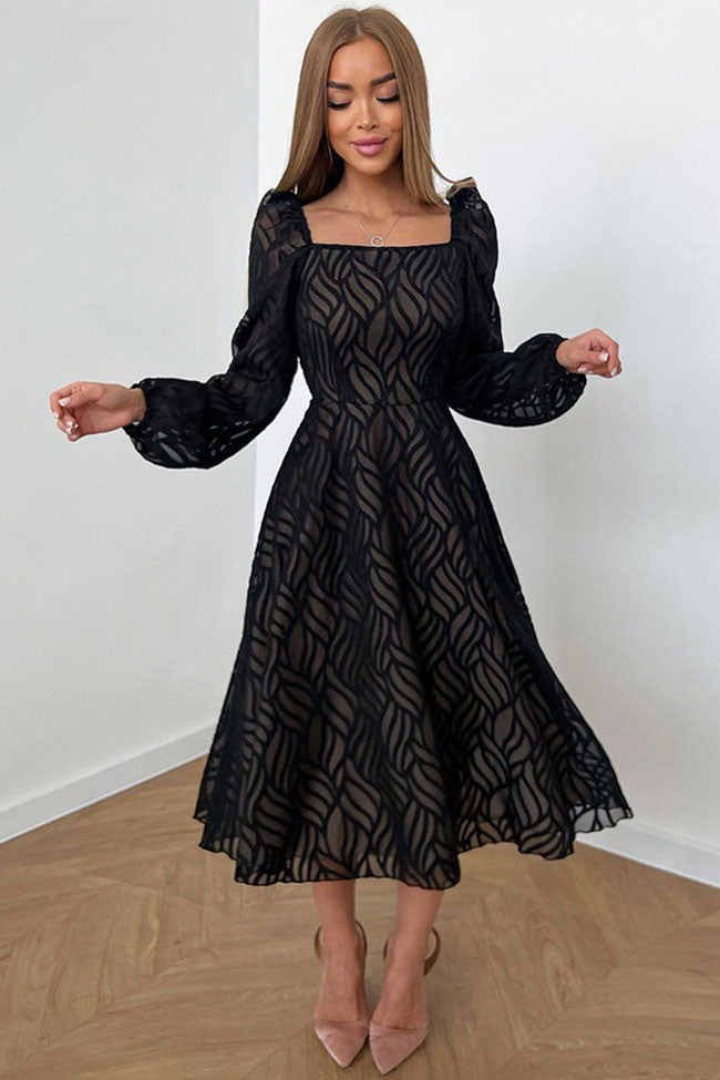 Jacquard Square Neck Puff Sleeve Fit & Flare Midi Dress 2