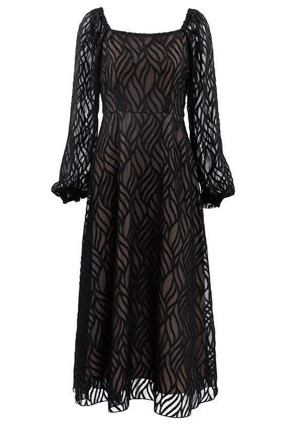 Jacquard Square Neck Puff Sleeve Fit & Flare Midi Dress 4