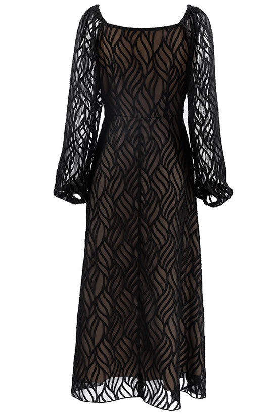 Jacquard Square Neck Puff Sleeve Fit & Flare Midi Dress 5