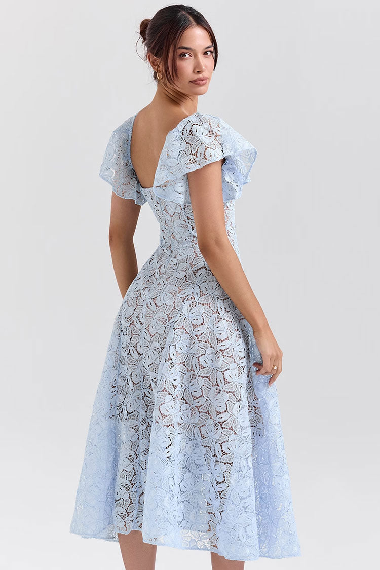 Romantic Sweetheart Butterfly Sleeve Guipure Lace A Line Cocktail Midi Dress - Fashionpara