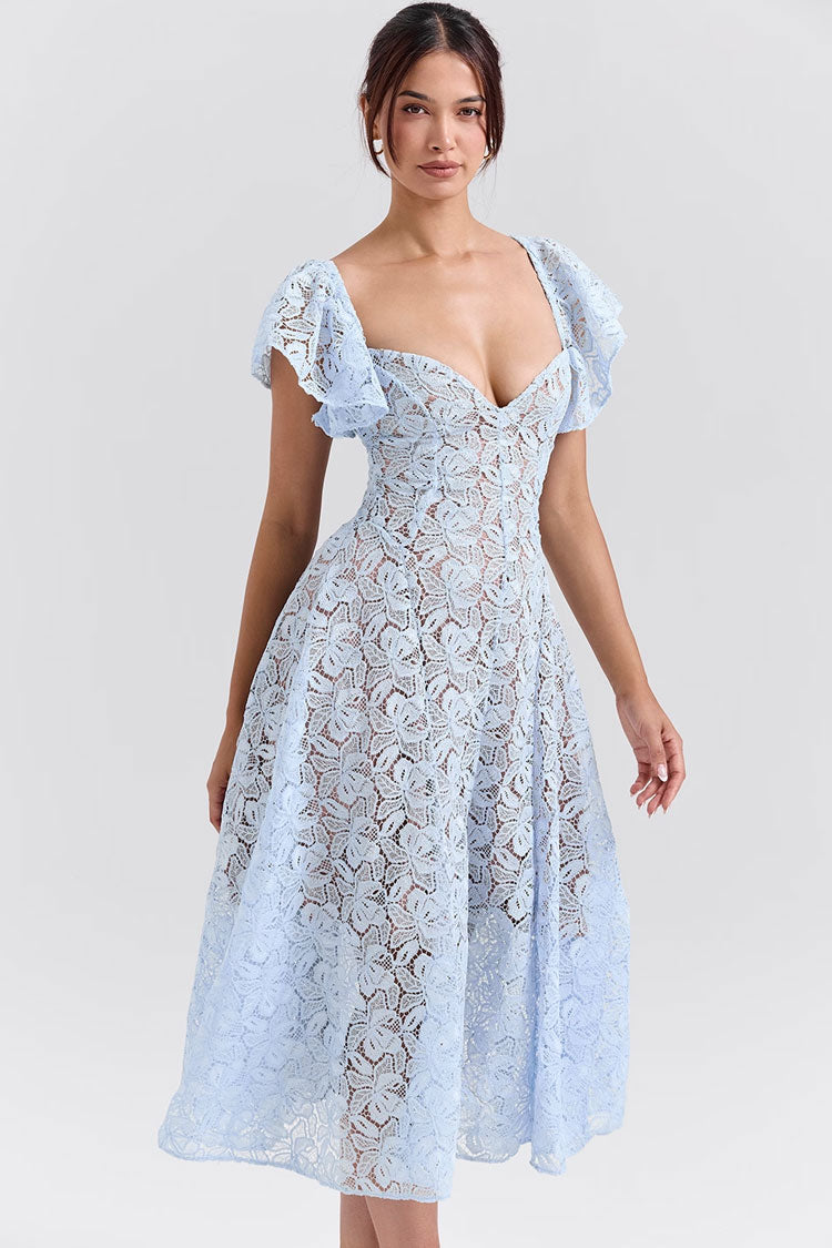 Romantic Sweetheart Butterfly Sleeve Guipure Lace A Line Cocktail Midi Dress - Fashionpara