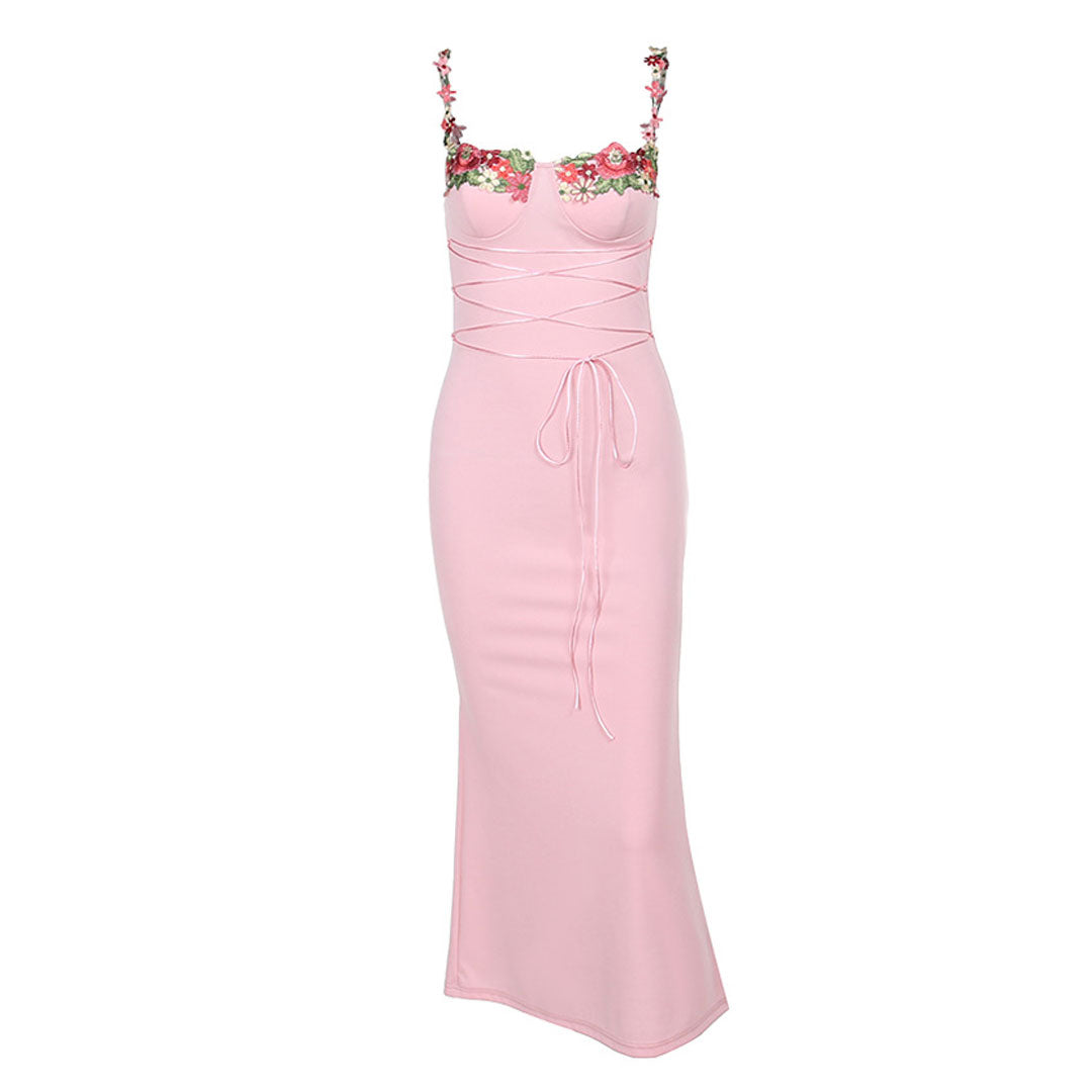 Romantic Sweetheart Neck Lace Up Floral Embroidered Slip Midi Dress