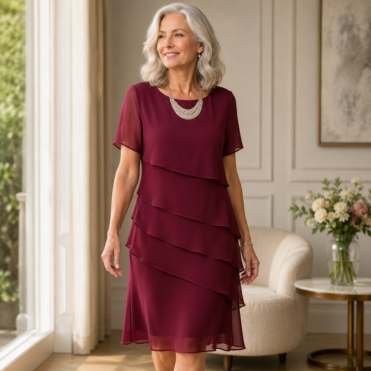 Round Neck Short Sleeve Tiered Chiffon Midi Dress 4