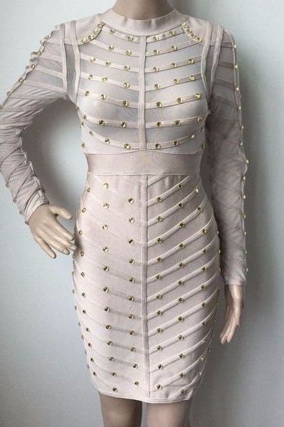 Rosa Long Sleeve Bodycon Dress - Cream - Fashionpara