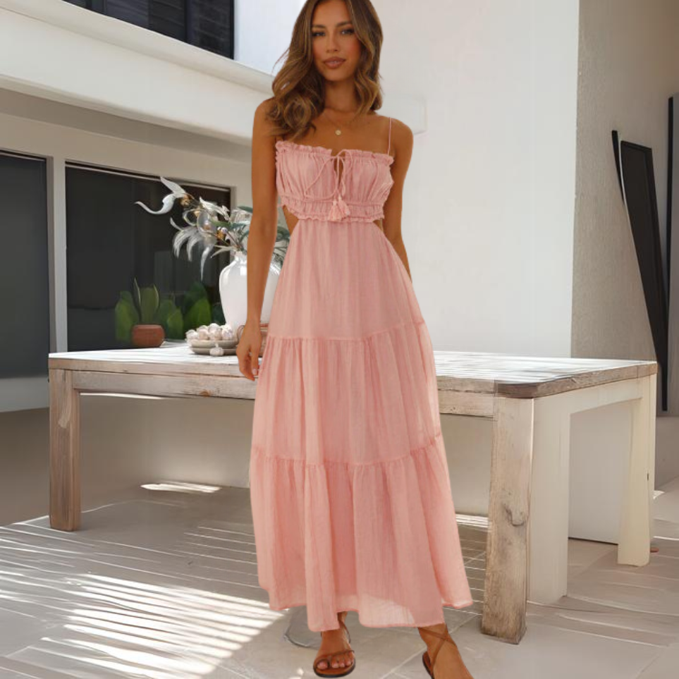 Spaghetti Strap Tie Back Tiered Chiffon Maxi Summer Dress - View 14