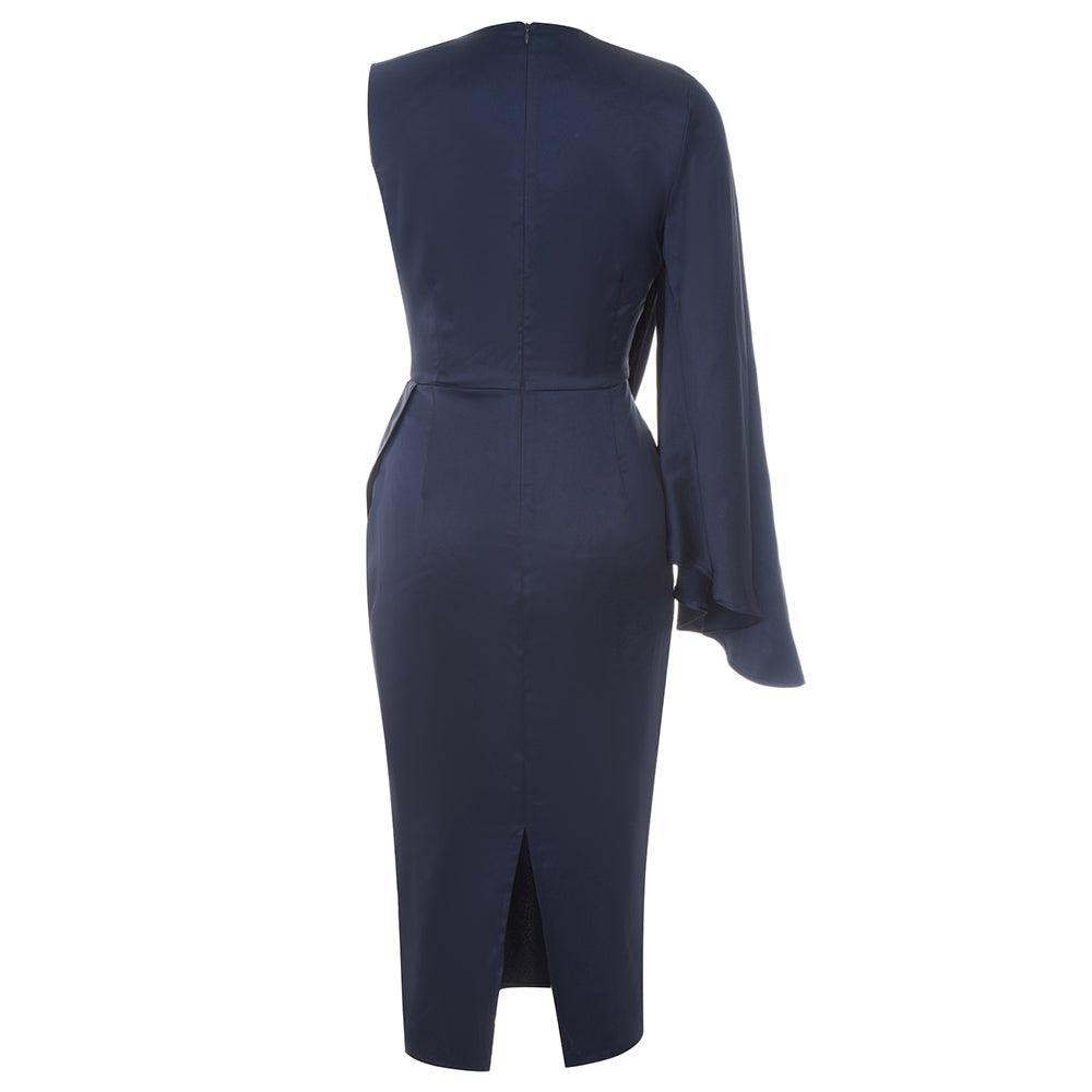 Satin Wrap Draped Asymmetric Sleeve Midi Dress