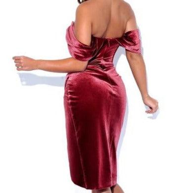 Velvet Off Shoulder Ruched Split Bodycon Midi Dress