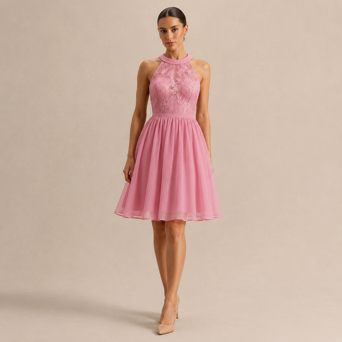 Lace Halter Neck Fit and Flare Midi Dress 7