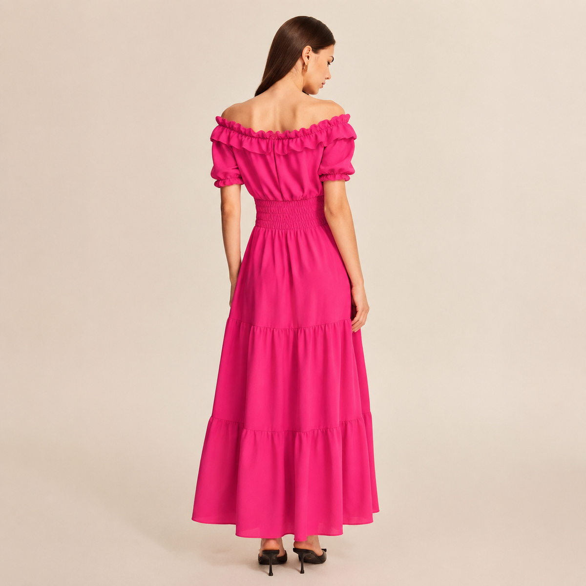 Off Shoulder Ruffle Puff Sleeve Tiered Maxi Dress 9