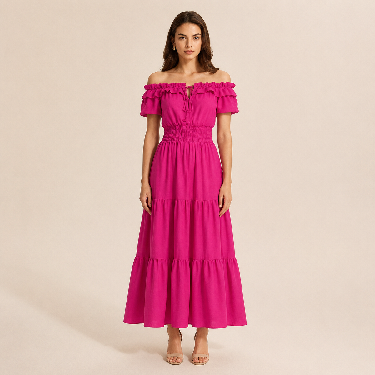 Off Shoulder Ruffle Puff Sleeve Tiered Maxi Dress 7