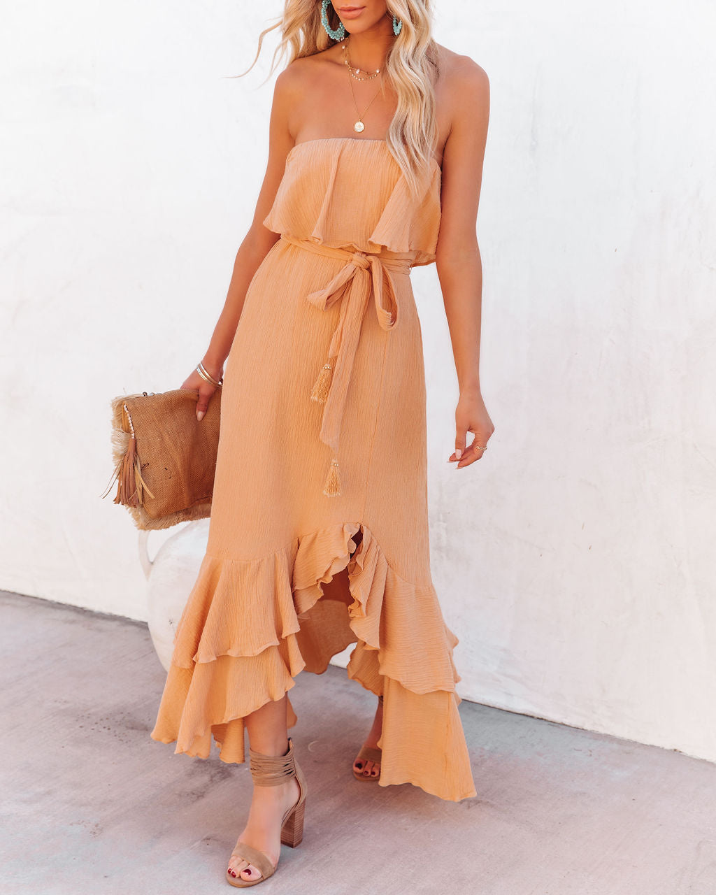 Strapless Ruffle Tiered High-Low Maxi Dress