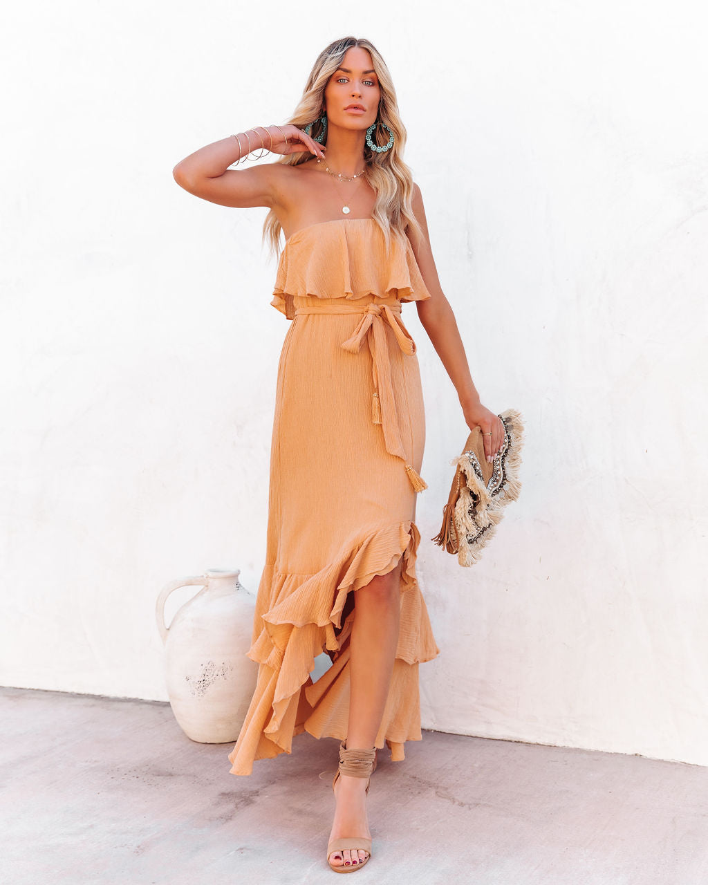 Strapless Ruffle Tiered High-Low Maxi Dress