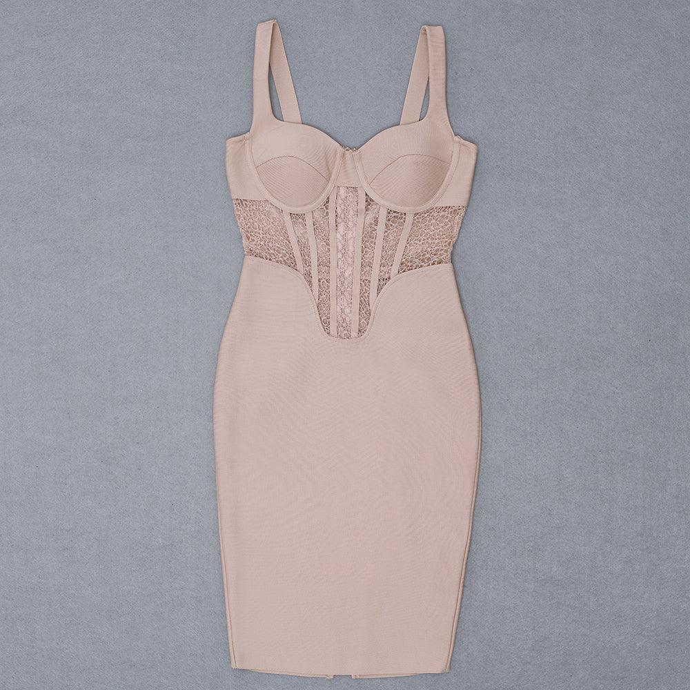 Sweetheart Bustier Lace Panel Bodycon Midi Dress