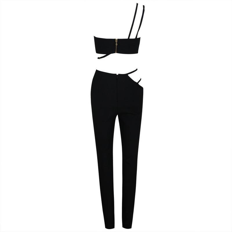 KittenAlarm - Rosy One Shoulder Bandeau Top & Hollow Out Pants Set