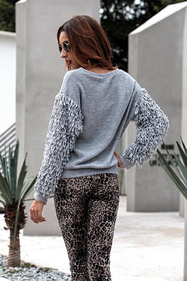 RadyRin Round Neck Sweater with Elegant Tassel Sleeves