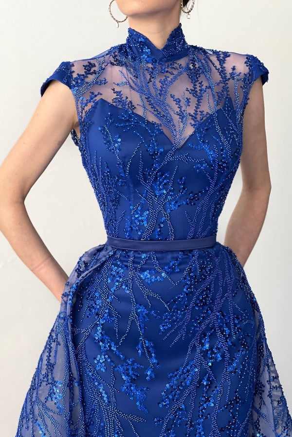 Royal Blue Mermaid Evening Dress Lace With Overskirt - Fashionpara