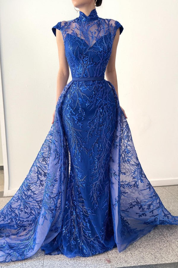 Royal Blue Mermaid Evening Dress Lace With Overskirt - Fashionpara
