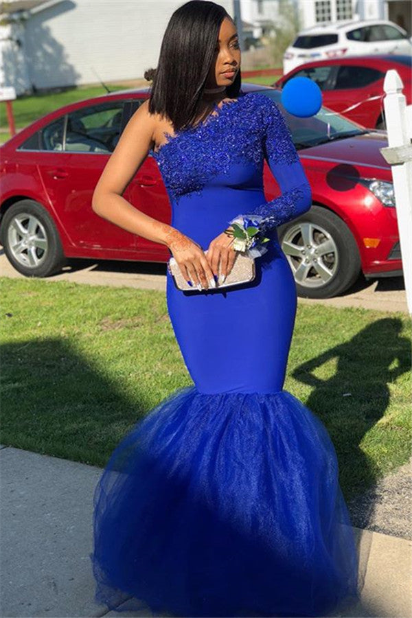 Royal Blue One Shoulder Mermaid Prom Dress With Lace Appliques - Fashionpara