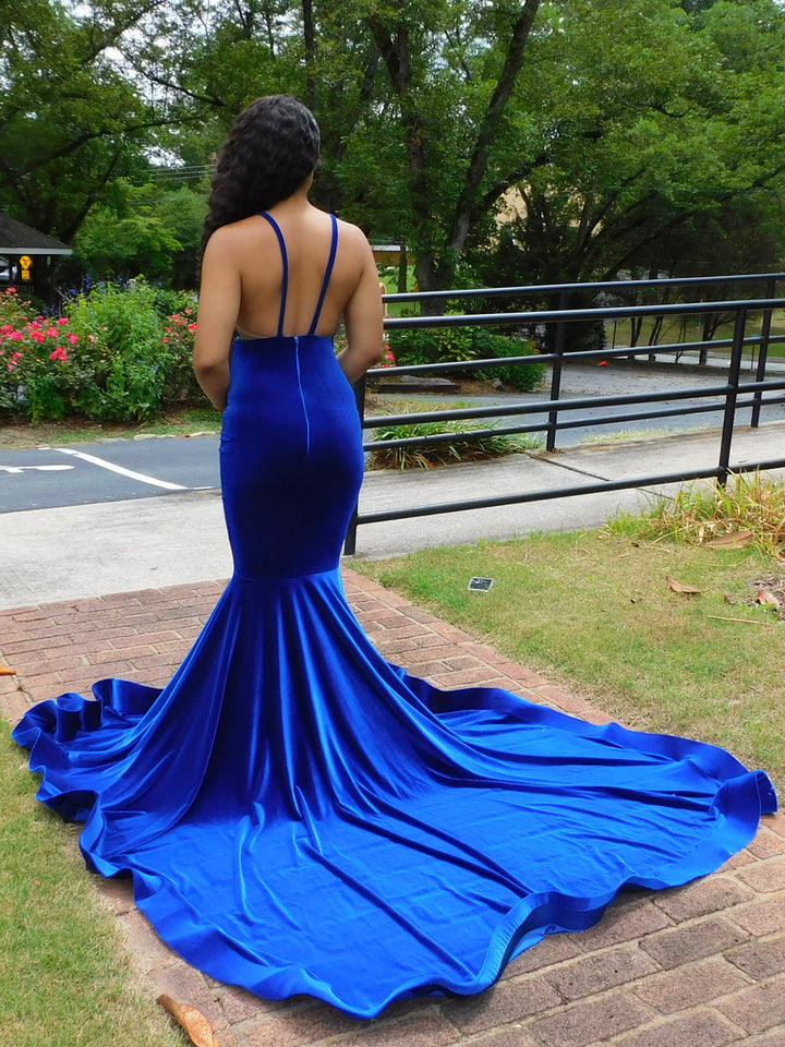 Royal Blue Prom Dress V-Neck Mermaid Velvet With Appliques - Fashionpara