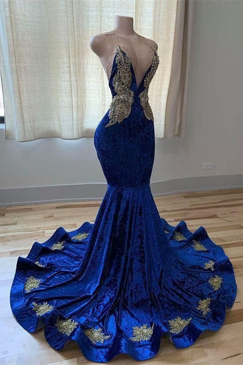 Royal Blue Sleeveless Prom Dress Mermaid With Appliques - Fashionpara