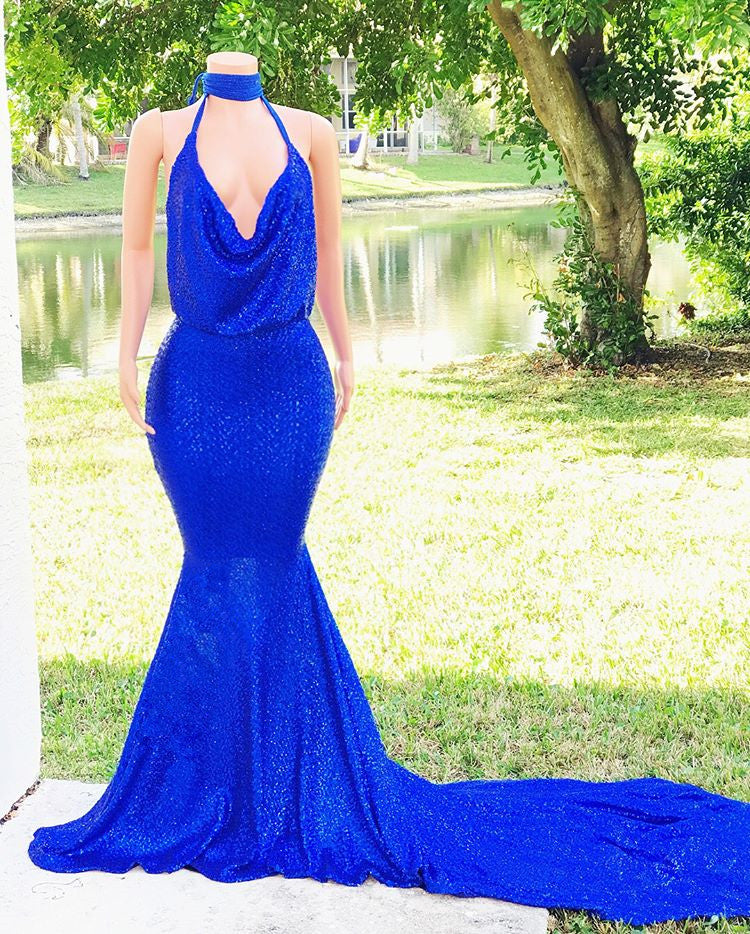 Royal Blue V-Neck Mermaid Prom Dress Sequins Sleeveless Evening Gown - Fashionpara