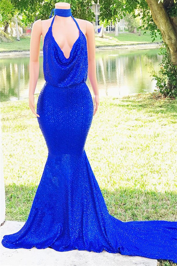Royal Blue V-Neck Mermaid Prom Dress Sequins Sleeveless Evening Gown - Fashionpara