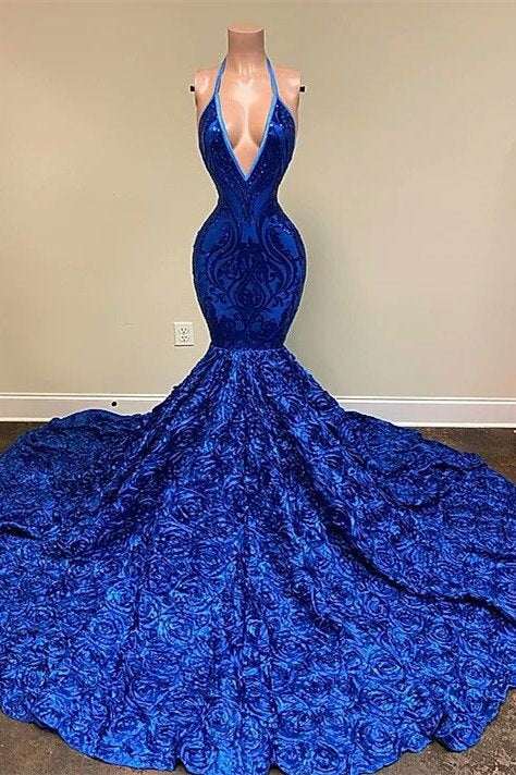 Royal Blue V-Neck Prom Dress Mermaid Sleeveless With Sequins - Fashionpara