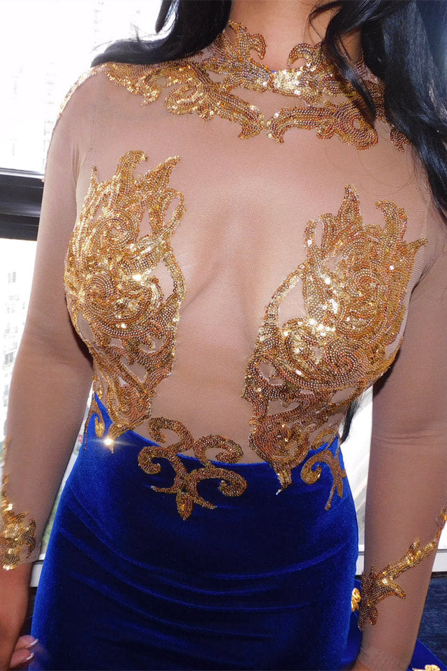 Royal Blue Velvet Prom Dress Mermaid With Gold Sequins - Fashionpara