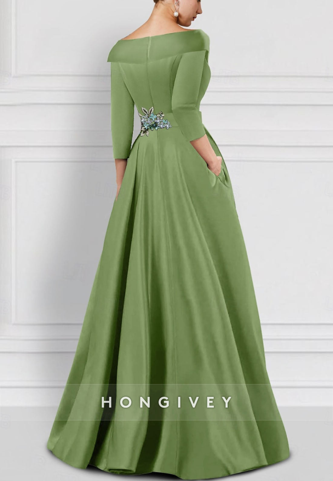 Jumpsuit V Neck Satin Watteau Train Half Sleeve Appliqued Evening Gown