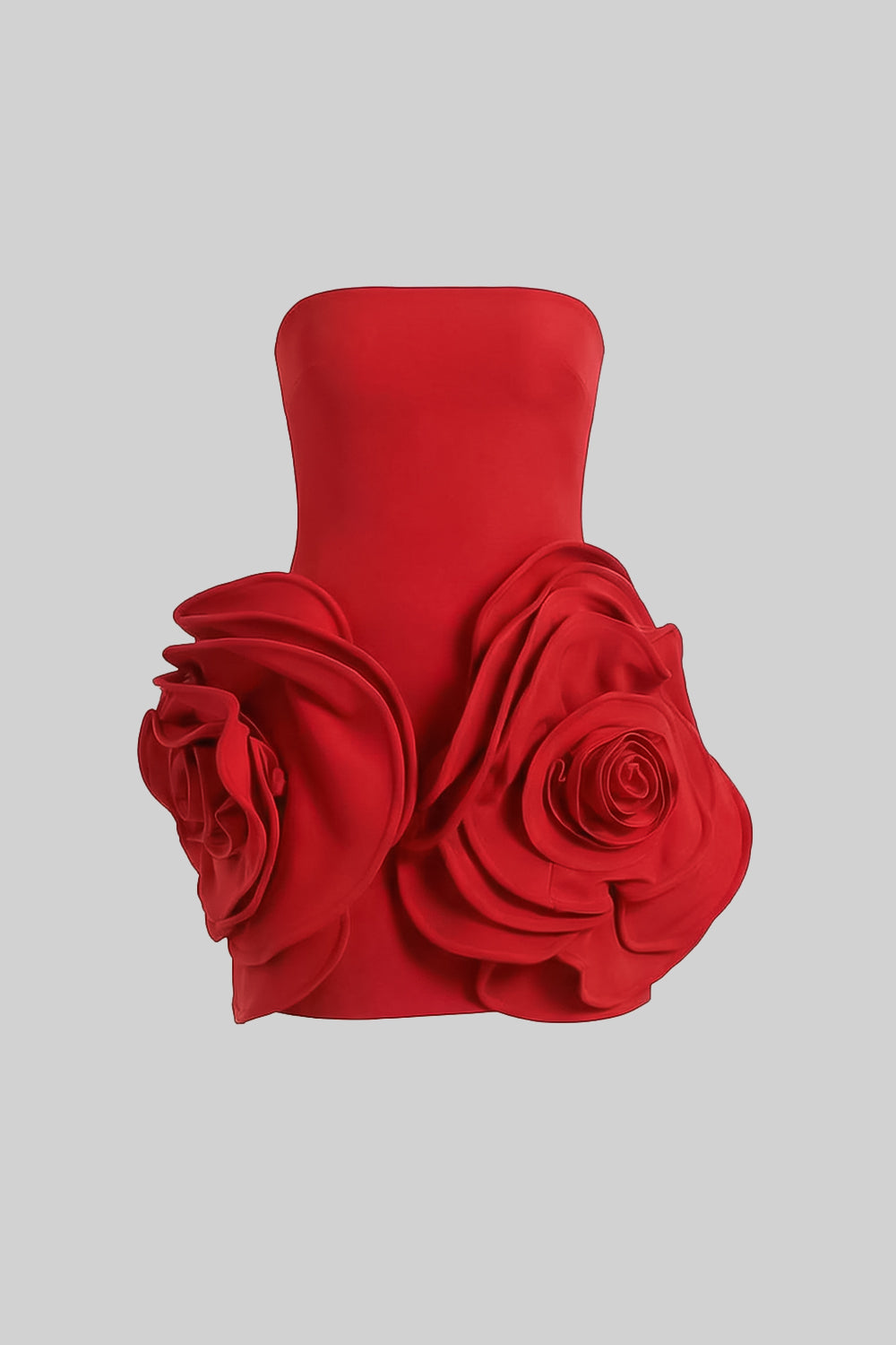 Strapless Sculptural Mini Dress with 3D Floral Appliqués – Red - View 2